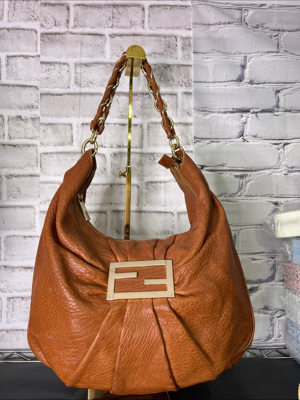 Fendi Cognac Leather Hobo Bag with Chain-Linked Strap